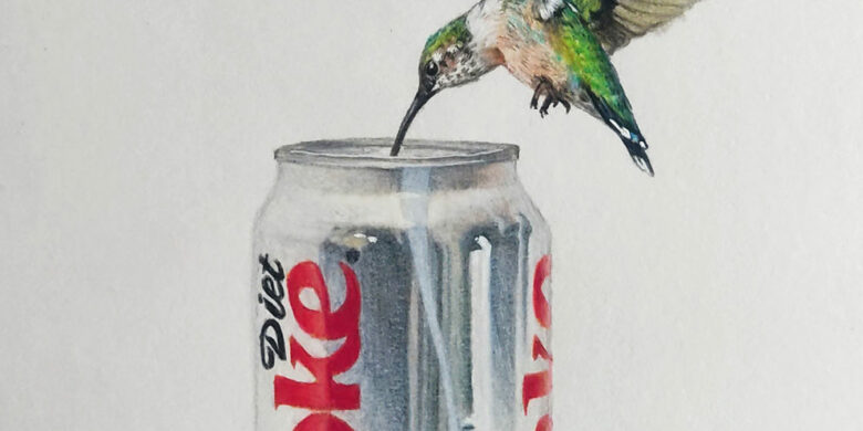 Leonie Nowotsch Kolibri mit Diet Coke, Farbstift auf Papier 30x30cm