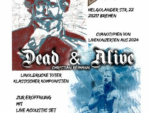 Titel Dead & Alive Ausstellung Linoldrucke Christian Reimann